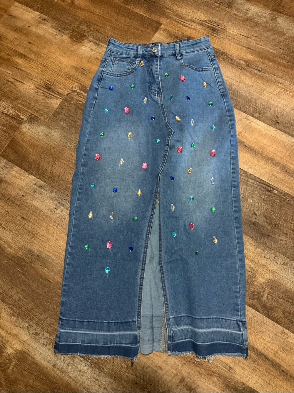 Embellished Blue Denim Midi Skirt with Multi-Color Gems
